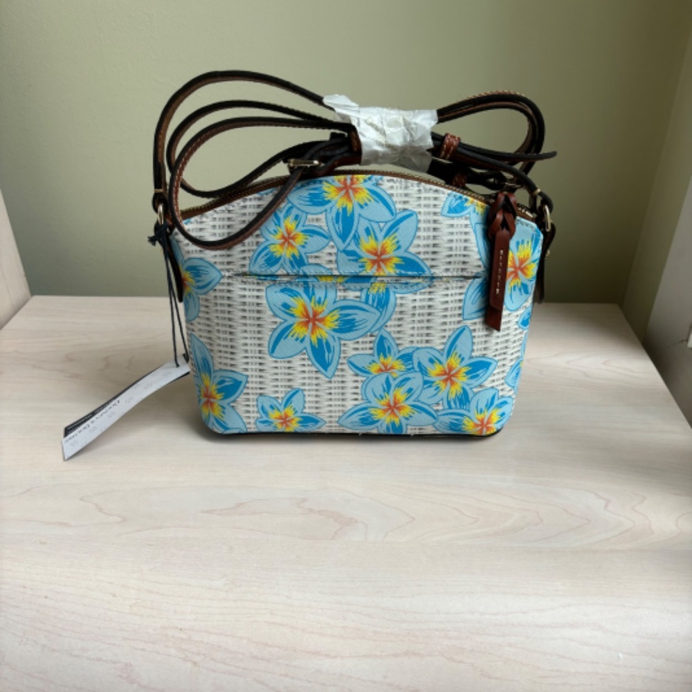 Stunning New Dooney & Bourke Blue Floral Cotton Coated Crossbody &Leather Handle - Picture 2 of 3